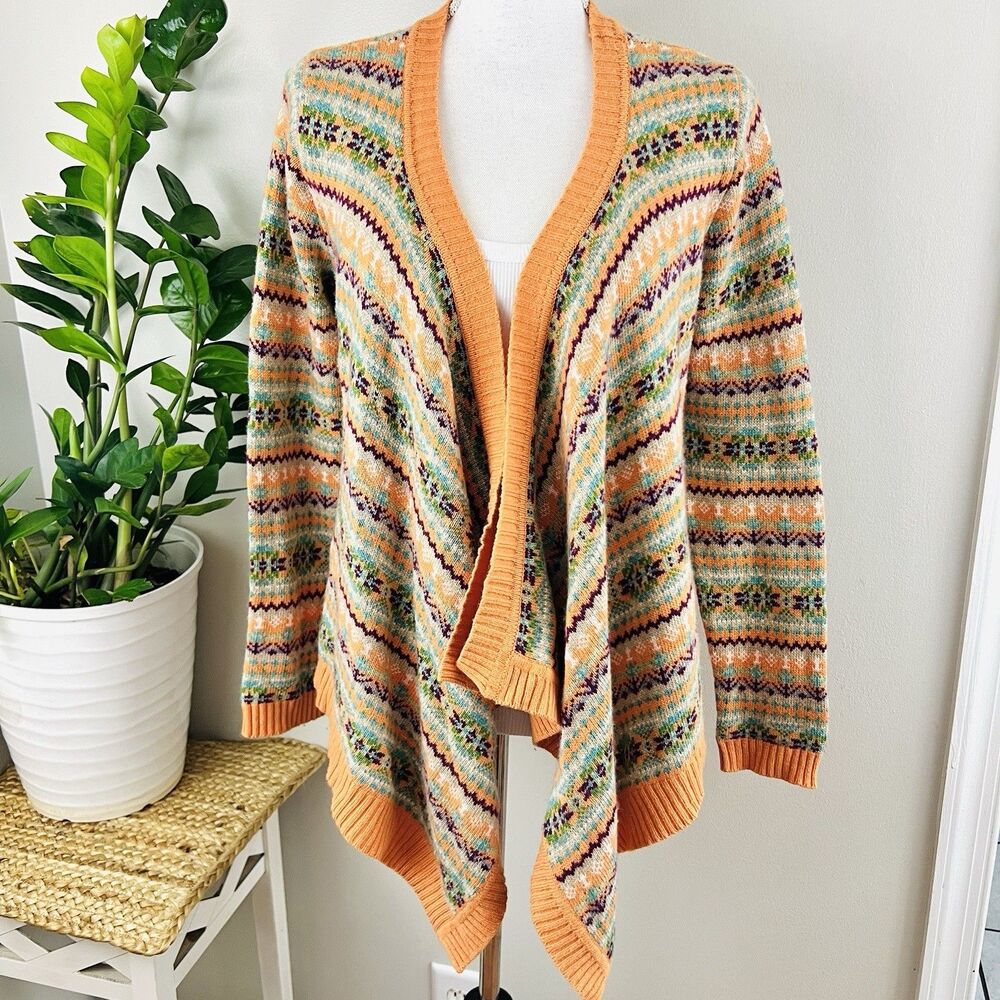 Sundance Orange Folkloric Fair Isle Waterfall Cardigan Boho Fun Festival Medium